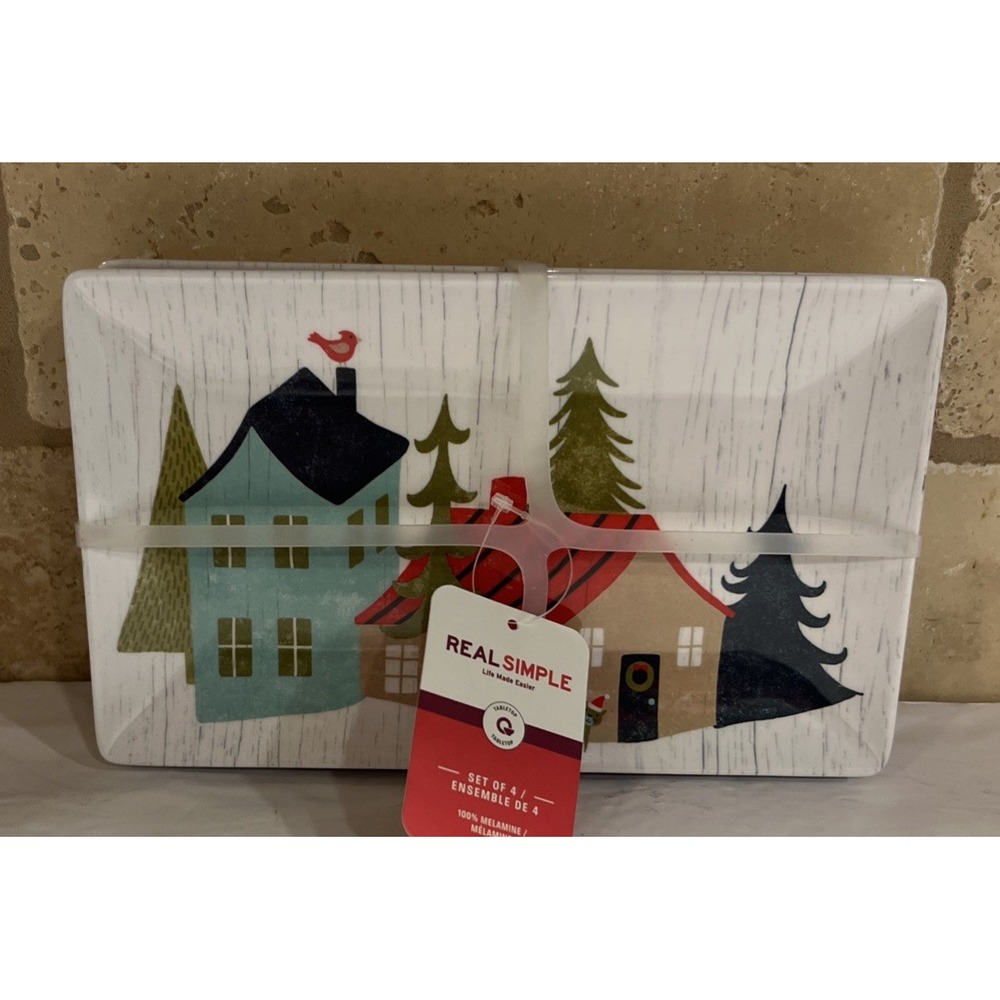 New Real Simple Set Of 4‎ Christmas Village Melamine Appetizer Plates Rectangle
